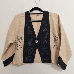 Cotton‎ Jacket Ecru Primitive Pockets Tribal Kokopelli Aztec Art to Wear Size L